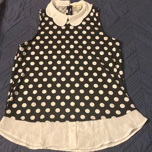 Faith And Joy sleeveless polka dot top with white collar!